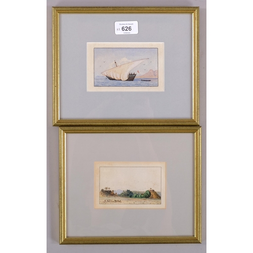 626 - Anglo-Indian School, 2 miniature watercolours, a dhow at sea, 6cm x 10cm, signed with monogram, and ... 