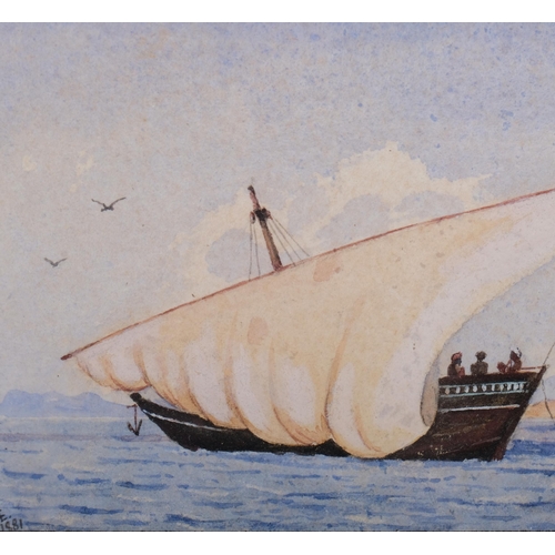 626 - Anglo-Indian School, 2 miniature watercolours, a dhow at sea, 6cm x 10cm, signed with monogram, and ... 