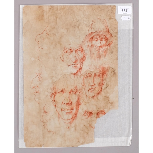 637 - A sheet of 18th century sanguine chalk portrait sketches, 38cm x 26cm, unframed