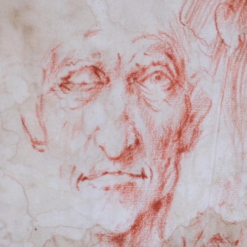 637 - A sheet of 18th century sanguine chalk portrait sketches, 38cm x 26cm, unframed