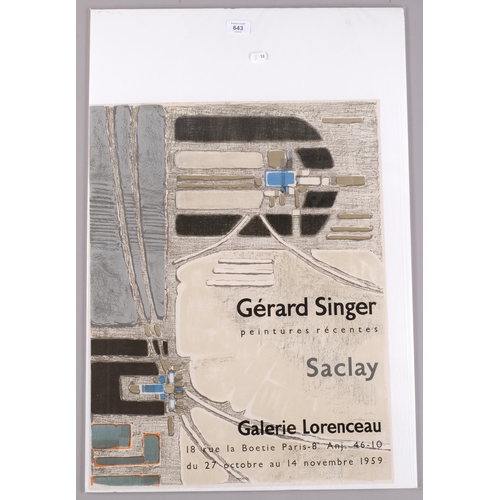 643 - Gerard Singer, original Paris Gallery Exhibition poster, 1959, 60cm x 46cm, unframed