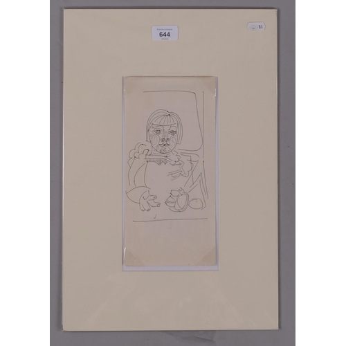 644 - Manner of Picasso, pen and ink drawing of a child, circa 1950s, 28cm x 13cm, mounted