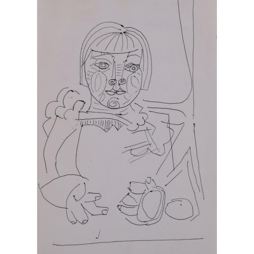 644 - Manner of Picasso, pen and ink drawing of a child, circa 1950s, 28cm x 13cm, mounted