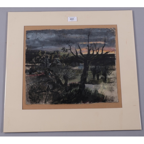 651 - Mid-20th century Neo-Romantic landscape, ink crayon and gouache on card, circa 1950, unsigned, 32cm,... 