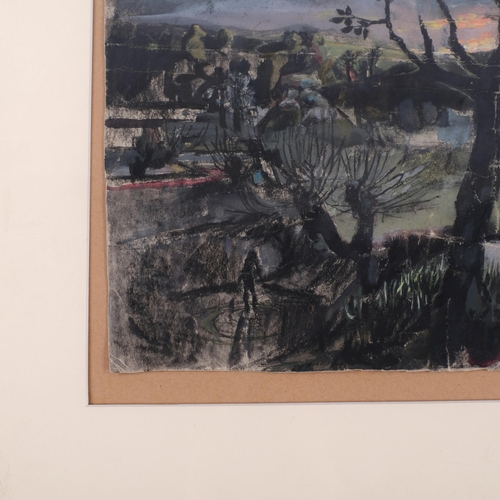 651 - Mid-20th century Neo-Romantic landscape, ink crayon and gouache on card, circa 1950, unsigned, 32cm,... 