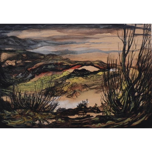 652 - Neo-Romantic landscape, ink/gouache on paper, circa 1940, unsigned, 21cm x 30cm, mounted