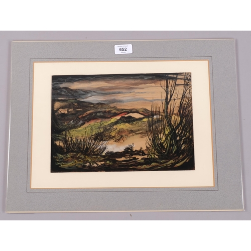 652 - Neo-Romantic landscape, ink/gouache on paper, circa 1940, unsigned, 21cm x 30cm, mounted