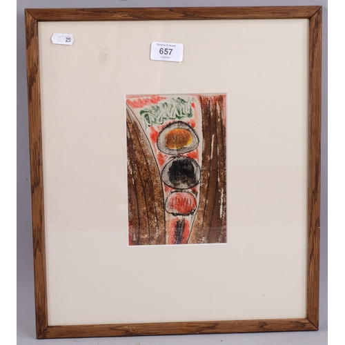 657 - Jacob Bornfriend, abstract, pencil/crayon/gouache, circa 1958, 18cm x 12cm, framed