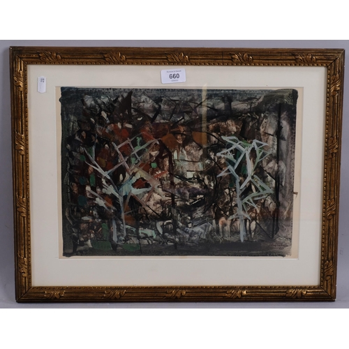 660 - John Graham, abstract ink/gouache on card, signed and dated 1965, 27cm x 37cm, framed