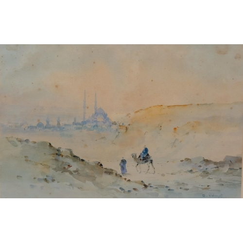 671 - D Hidayet, North African desert scene, watercolour, signed, 34cm x 50cm, framed