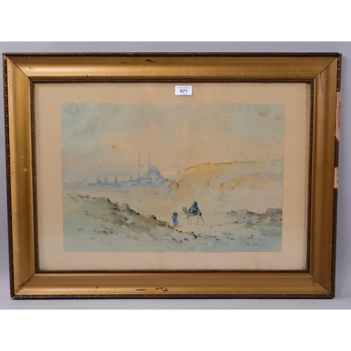 671 - D Hidayet, North African desert scene, watercolour, signed, 34cm x 50cm, framed