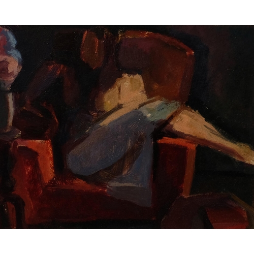 673 - Ben White, young girl in an armchair, oil on board, circa 1960, inscribed verso, 23cm x 29cm, framed