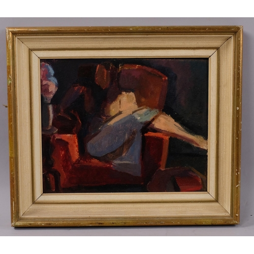 673 - Ben White, young girl in an armchair, oil on board, circa 1960, inscribed verso, 23cm x 29cm, framed