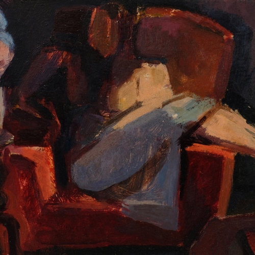 673 - Ben White, young girl in an armchair, oil on board, circa 1960, inscribed verso, 23cm x 29cm, framed