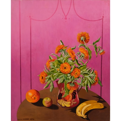 674 - Ula Paine, still life, oil on canvas, signed and dated 1974, 61cm x 51cm, unframed