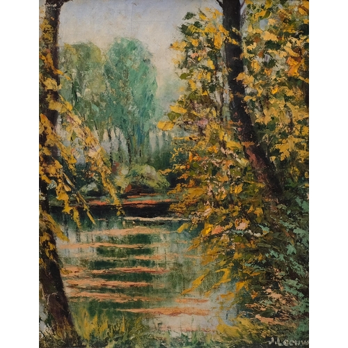 675 - J Leeuw, impressionist river scene, oil on canvas, signed and inscribed verso, 49cm x 38cm, framed