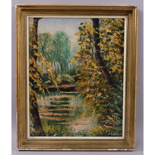 675 - J Leeuw, impressionist river scene, oil on canvas, signed and inscribed verso, 49cm x 38cm, framed