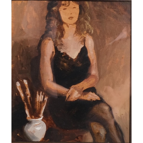 676 - Israel Zohar (born 1945), woman in black, oil on board, artist information verso, 22cm x 18cm, frame... 