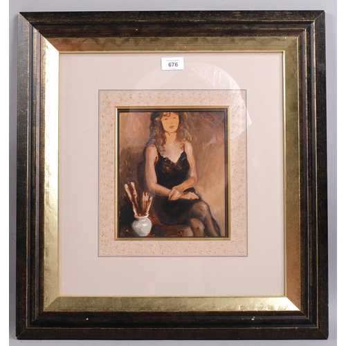 676 - Israel Zohar (born 1945), woman in black, oil on board, artist information verso, 22cm x 18cm, frame... 