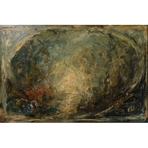 677 - T O'Donnell, abstract, oil on board, signed, 44cm x 66cm, framed