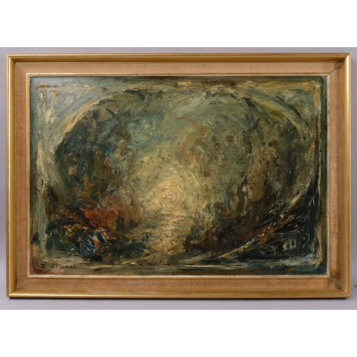 677 - T O'Donnell, abstract, oil on board, signed, 44cm x 66cm, framed