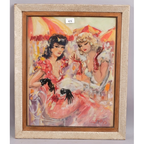 678 - Anne Cintellys, 2 girls in a cafe, watercolour, signed, 49cm x 39cm, framed