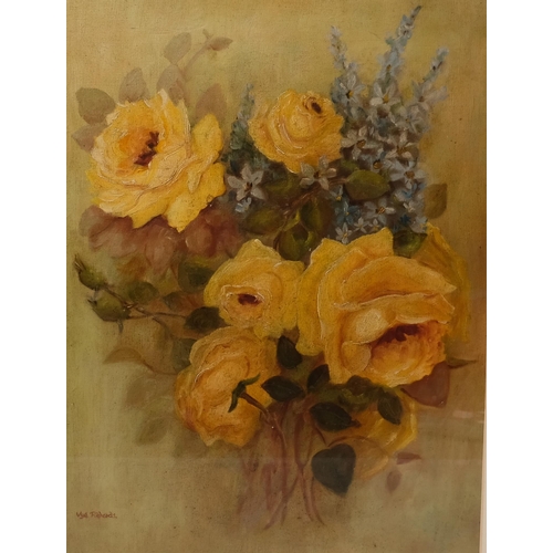 679 - Vye Richards, still life roses, oil on board, signed, 44cm x 31cm, framed