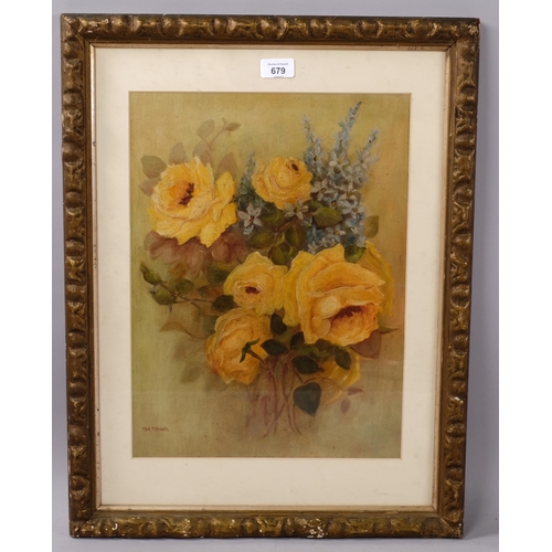 679 - Vye Richards, still life roses, oil on board, signed, 44cm x 31cm, framed