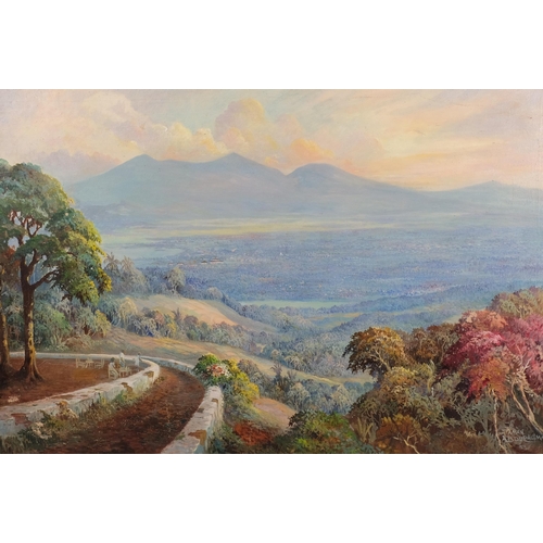 680 - Aman Abdulrachman, large extensive valley landscape, oil on canvas, signed and dated 1953, 80cm x 12... 