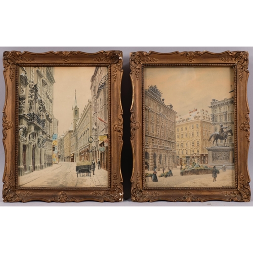 681 - Pair of Continental watercolour street scenes, circa 1900, indistinctly signed, 23cm x 17cm, framed