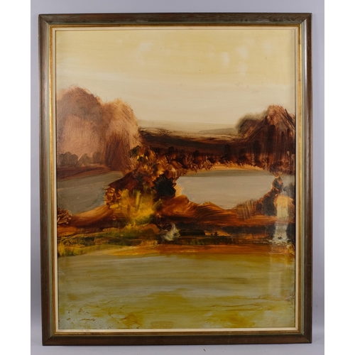 682 - Morley Bury, large abstract landscape, oil on canvas, inscribed verso, signed with monogram, 127cm x... 