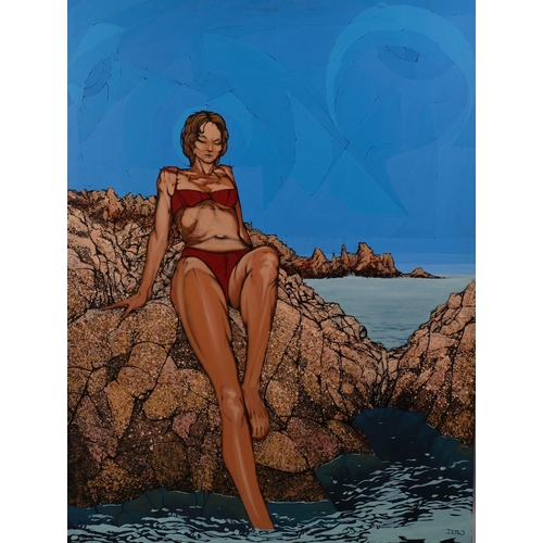 685 - Contemporary largescale oil on canvas, bather on the rocks, signed with monogram DJW, 122cm x 91cm, ... 