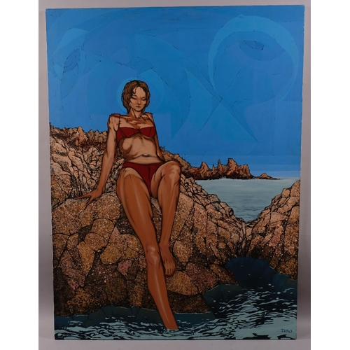 685 - Contemporary largescale oil on canvas, bather on the rocks, signed with monogram DJW, 122cm x 91cm, ... 