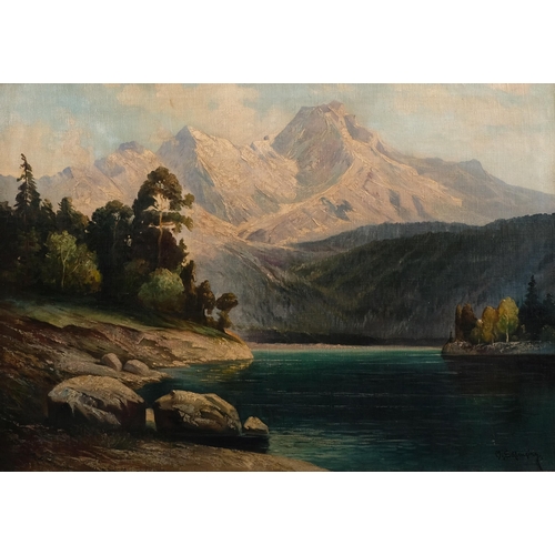 686 - M Schlensing, large mountain landscape, oil on canvas, circa 1900, signed, 71cm x 101cm, framed