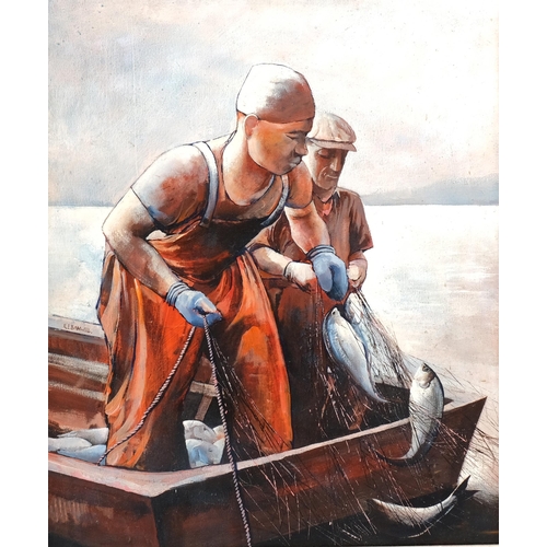 687 - R E Banwell, 2 fishermen, oil on canvas, signed, 88cm x 75cm, framed