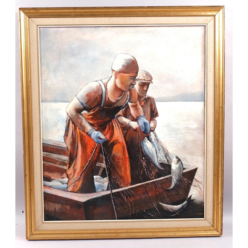 687 - R E Banwell, 2 fishermen, oil on canvas, signed, 88cm x 75cm, framed