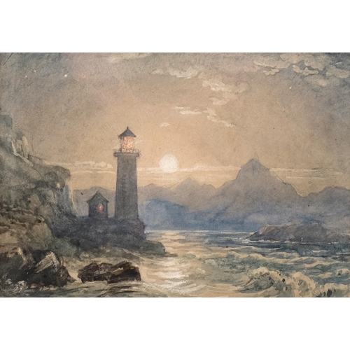 690 - Watercolour, lighthouse on rocky shoreline, indistinct signature verso, 15cm x 20cm, framed