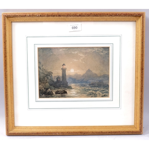 690 - Watercolour, lighthouse on rocky shoreline, indistinct signature verso, 15cm x 20cm, framed