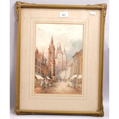 691 - Samuel Prout, Continental street scene, watercolour, signed, 31cm x 20cm, framed