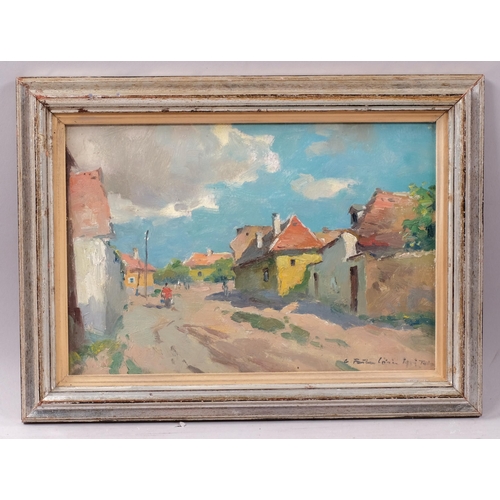 693 - 20th century oil on board, village street scene, indistinctly signed, 18cm x 28cm, framed