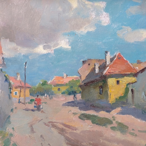 693 - 20th century oil on board, village street scene, indistinctly signed, 18cm x 28cm, framed