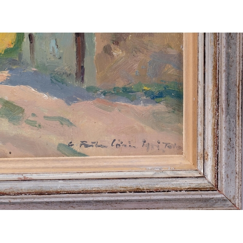 693 - 20th century oil on board, village street scene, indistinctly signed, 18cm x 28cm, framed