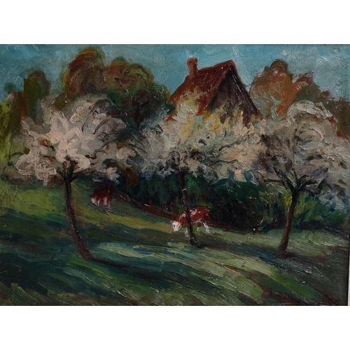 694 - Impressionist cattle in an orchard, oil on canvas, indistinctly signed, 50cm x 63cm, framed