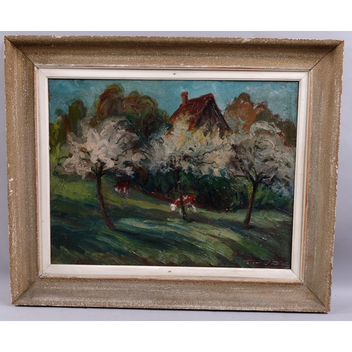 694 - Impressionist cattle in an orchard, oil on canvas, indistinctly signed, 50cm x 63cm, framed