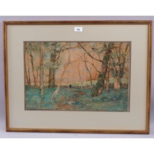 696 - De Bock, woodland scene, watercolour, signed, 34cm x 50cm, framed