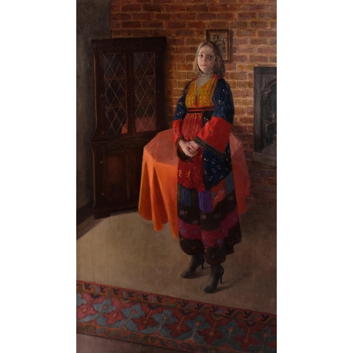 699 - A large mid/late 20th century portrait of a woman by a fireside, oil on canvas, framed, unsigned, 15... 