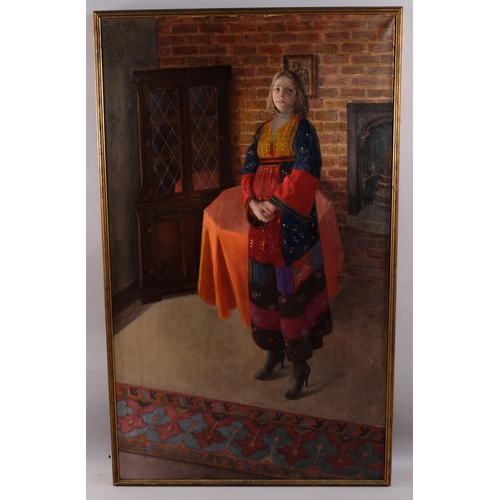 699 - A large mid/late 20th century portrait of a woman by a fireside, oil on canvas, framed, unsigned, 15... 