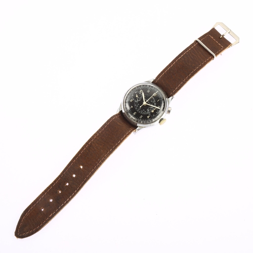 1005 - LEMANIA - a Second World War Period stainless steel mechanical single button chronograph wristwatch,... 