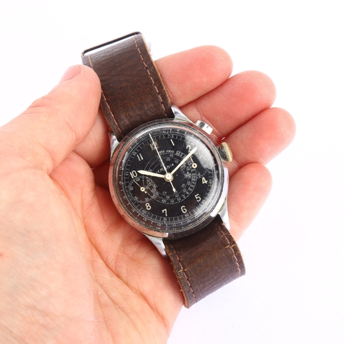 1005 - LEMANIA - a Second World War Period stainless steel mechanical single button chronograph wristwatch,... 