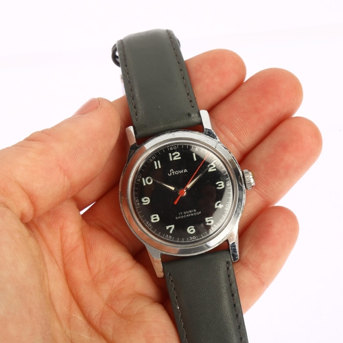 1010 - STOWA - a Vietnam War Period French Army stainless steel mechanical wristwatch, circa 1950s, black d... 
